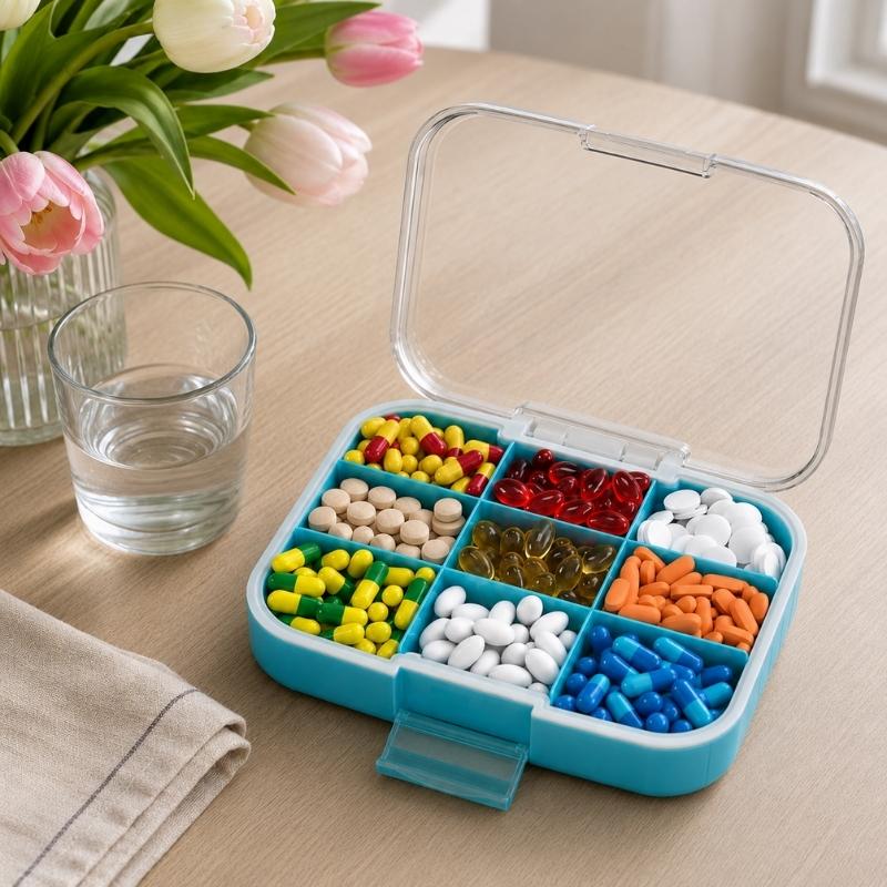 Doseringsask med 9 rymliga fack for mediciner
