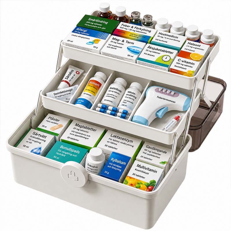 Medicinlåda med 3 nivåer og bärhandtag