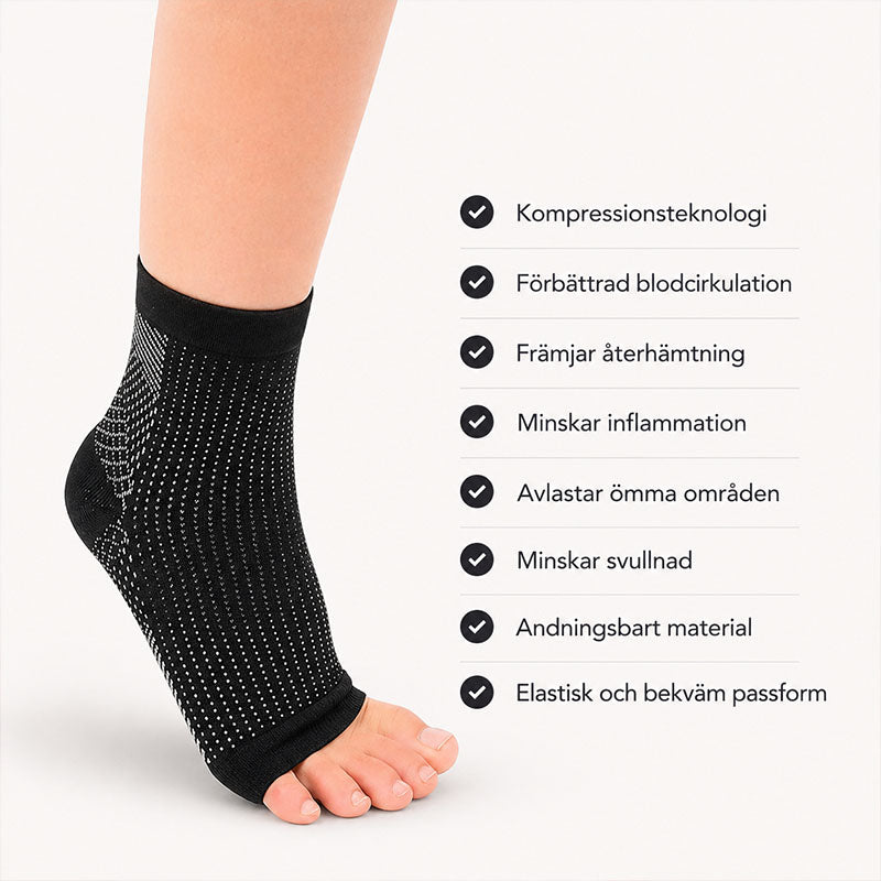 Stödstrumpor for hælspore og hovne føtter